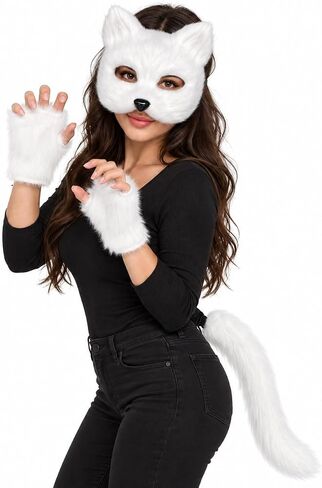 IncreDecor Cat Fox Mask Gloves and Tails Set Furry Cat Therian Face Mask Halloween Animal Fox Tail Cosplay Costume Accessory in Kuwait