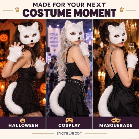IncreDecor Cat Fox Mask Gloves and Tails Set Furry Cat Therian Face Mask Halloween Animal Fox Tail Cosplay Costume Accessory in Kuwait