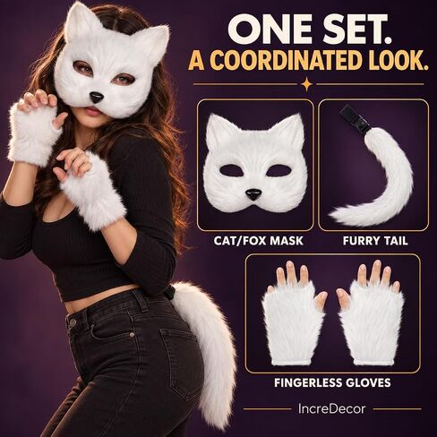 IncreDecor Cat Fox Mask Gloves and Tails Set Furry Cat Therian Face Mask Halloween Animal Fox Tail Cosplay Costume Accessory in Kuwait