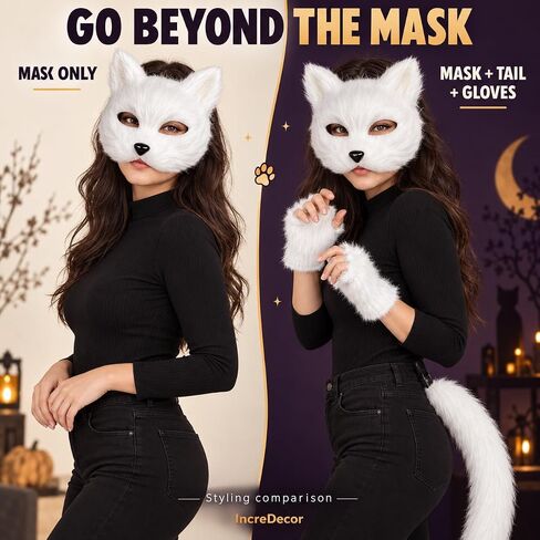 IncreDecor Cat Fox Mask Gloves and Tails Set Furry Cat Therian Face Mask Halloween Animal Fox Tail Cosplay Costume Accessory in Kuwait
