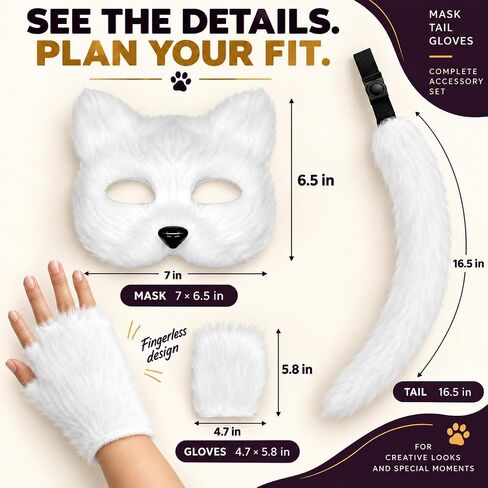 IncreDecor Cat Fox Mask Gloves and Tails Set Furry Cat Therian Face Mask Halloween Animal Fox Tail Cosplay Costume Accessory in Kuwait