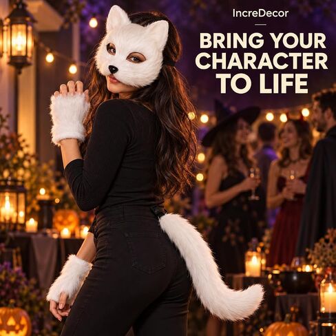IncreDecor Cat Fox Mask Gloves and Tails Set Furry Cat Therian Face Mask Halloween Animal Fox Tail Cosplay Costume Accessory in Kuwait