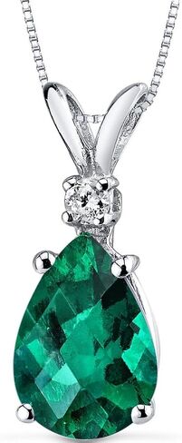 Peora Created Emerald with Genuine Diamond Pendant for Women 14K White Gold, Elegant Teardrop Solitaire, Pear Shape, 10x7mm, 1.75 Carats total in Kuwait