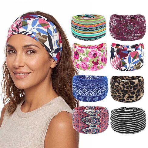 Bohend Boho Headband Wide Yoga Stretchy Bandeau Large Headwrap Sport Athletic Beach Hair Accessories for Women and Girls(8pcs) in Kuwait