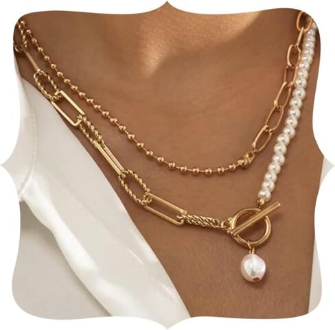 Jumwrit Pearl Choker Necklace Paperclip Necklace Asymmetry Pearl Link Chain Necklace Silver Beaded Necklace Toggle Clasp Necklace for Women Teen Girls in Kuwait