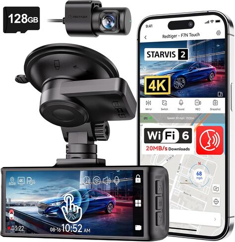 REDTIGER 4K STARVIS 2 Dashcam Front Rear, 5GHz WiFi 20MB/s, Free 128GB Card | Voice Control, Touch Screen, GPS, Loop Recording, Parking Mode, Audio Recording, WDR Night Vision, Supercapacitor(F7N Touch) in Kuwait