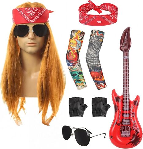 80s Rocker Costume Wig Men Hippie Wig with Bandana Sunglasses Sleeves for 80s Punk Party Accessories in Kuwait