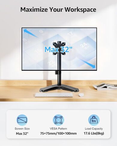MOUNTUP Single Monitor Stands, Freestanding VESA Monitor Desk Mount fits 13'' to 32'' Computer Screen with Height Adjustable, Swivel, Tilt, Rotation, VESA 75x75 100x100 MU0023 in Kuwait