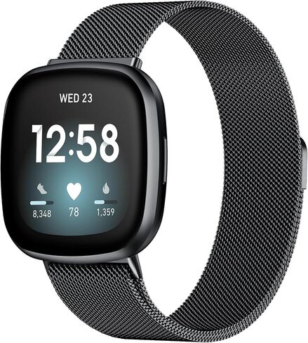 ZWGKKYGYH Compatible with Fitbit Sense Versa 4 Sense 2 and Versa 3 Bands for Men Women, Stainless Steel Breathable Mesh Metal Smartwatch Band Replacement Accessories Strap with Magnet Lock,Small Black in Kuwait