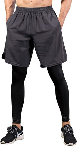 TOPTIE Men's 2 in 1 Running Pants, Basketball Tights Pants, Athletic Workout Shorts with Legging in Kuwait