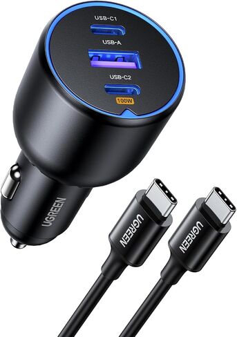 يوجرين شاحن سيارة فائق السرعة 130 واط للشحن السريع 3 منافذ USB مع كيبل USB C 100 واط قابس شاحن سريع للسيارة لستيم ديك وماك بوك واللابتوب والتابلت وايفون وسامسونج وهواوي وشاومي وغيرها in Kuwait