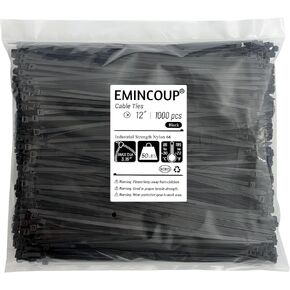 Zip Ties 12 inch 1000 Pack Black, 50 lbs Tensile Strength, Self-Locking Nylon Cable Ties, UV Resistant Plastic Wire Ties for Indoor and Outdoor Use by EMINCOUP in Kuwait