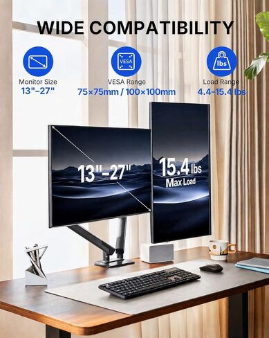 HUANUO Dual Desk Monitor Stand, for Two 13-35" Screens with USB, Height Adjustable Ultrawide Double Gas Spring Arm for 2 Monitors, 75 x 75mm/100 x 100mm VESA Mount, Hold up to 26.4lbs/Arm in Kuwait