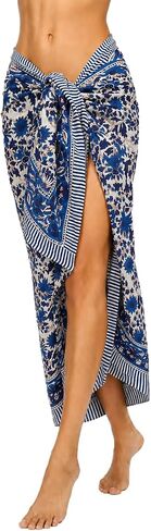 FIKIMOS Cotton Hand Block Print Sarong Swimsuit Wrap Cover Up Long Women Cloth (73" x 44") Blue - 7 in Kuwait
