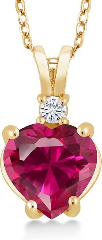 Gem Stone King 14K Yellow Gold Heart Shape Red Created Ruby and White Topaz Pendant Necklace For Women (2.27 Cttw, with 18 Inch Chain) in Kuwait