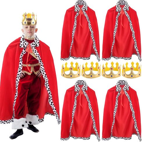 Cotiny 4 Pack Kids King Costume Set King Cape Red Blue Cloak Crown for Children Halloween King Prince Cosplay Birthday Party in Kuwait