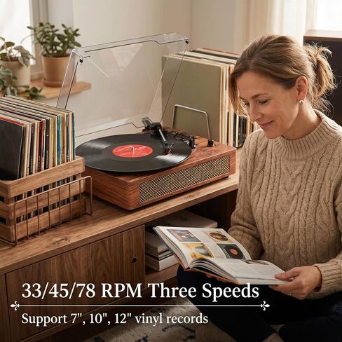 Record Player Bluetooth Turntable with Built-in Speaker, USB Recording Audio Music Vintage Portable Turntable for Vinyl Records 3 Speed, LP Phonograph Record Player, Black in Kuwait