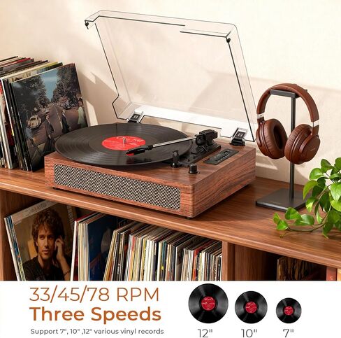Record Player Bluetooth Turntable with Built-in Speaker, USB Recording Audio Music Vintage Portable Turntable for Vinyl Records 3 Speed, LP Phonograph Record Player, Black in Kuwait