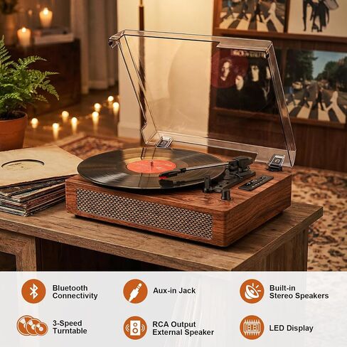 Record Player Bluetooth Turntable with Built-in Speaker, USB Recording Audio Music Vintage Portable Turntable for Vinyl Records 3 Speed, LP Phonograph Record Player, Black in Kuwait