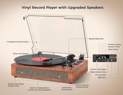 Record Player Bluetooth Turntable with Built-in Speaker, USB Recording Audio Music Vintage Portable Turntable for Vinyl Records 3 Speed, LP Phonograph Record Player, Black in Kuwait
