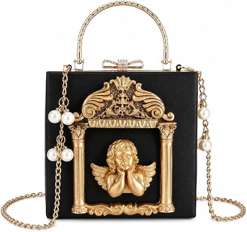 QZUnique Women's Love Angel Embossed Clutch Evening Bag Bowknot Snaps Crossbody Purse Chain Baroque Shoulder Bag in Kuwait