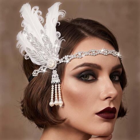 CASDRE Vintage White Feather Headband Pearl 1920s Flapper Headpieces Crystal Gatsby Headband 20s Great Gatsby Hair Accessories for Women and Girls in Kuwait