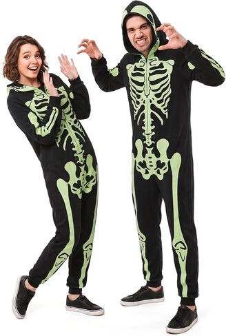 PARTISKY Adult Onesie Skeleton Costume Women & Men, Glow in the Dark Halloween Skeleton Jumpsuit with Zipper Hooded XXL Black in Kuwait