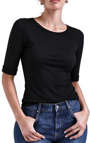 LINDLOOK Women's Casual Crewneck Half Sleeve T Shirt Solid Basic Slim Fitted Cotton Tops in Kuwait