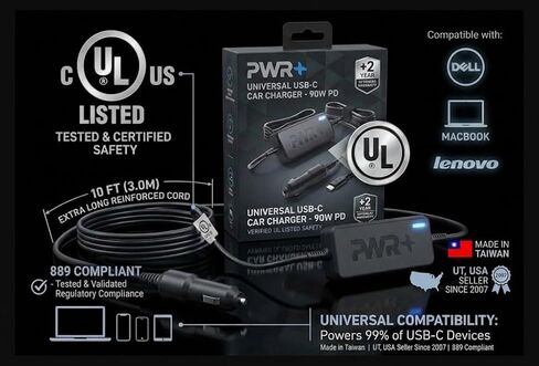 USB-C Laptop CAR Charger Power Adapter: Lenovo Yoga Thinkpad MacBook Pro Air LG Gram Razer Blade Stealth Chromebook Pixel Acer Swift Samsung Asus Dell Microsoft Universal Compatibility USB C PD3 in Kuwait