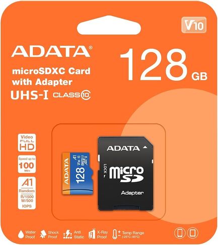 ADATA Premier 128GB MicroSDHC/SDXC UHS-I Class 10 V10 A1 Memory Card with Adapter Read up to 100 MB/s (AUSDX128GUICL10A1-RA1) in Kuwait