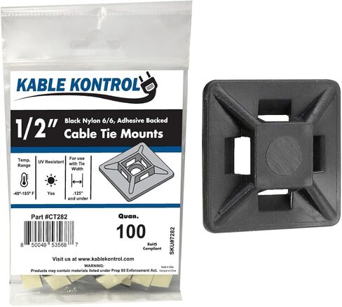 Kable Kontrol Zip Tie Mounts, 1/2" Sq, Black, 100 Pcs, Adhesive Backed Multi-Purpose UV-Resistant Mounting Squares Nylon Cable Tie Wrap Anchor Pads for Cable Management in Kuwait