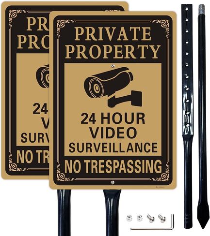 2 Pack Large Private Property No Trespassing Sign - 24 Hours Video Surveillance Warning Sign | 14" x 10" Rust Free Aluminum Easy Mounting Fade Resistance in Kuwait