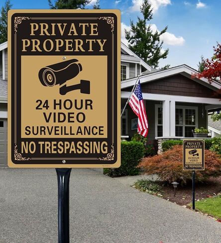 2 Pack Large Private Property No Trespassing Sign - 24 Hours Video Surveillance Warning Sign | 14" x 10" Rust Free Aluminum Easy Mounting Fade Resistance in Kuwait