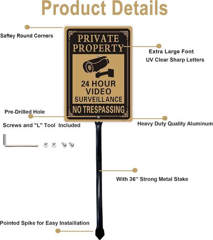 2 Pack Large Private Property No Trespassing Sign - 24 Hours Video Surveillance Warning Sign | 14" x 10" Rust Free Aluminum Easy Mounting Fade Resistance in Kuwait