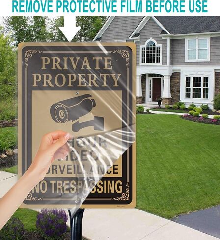 2 Pack Large Private Property No Trespassing Sign - 24 Hours Video Surveillance Warning Sign | 14" x 10" Rust Free Aluminum Easy Mounting Fade Resistance in Kuwait