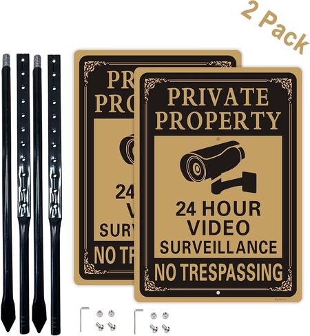 2 Pack Large Private Property No Trespassing Sign - 24 Hours Video Surveillance Warning Sign | 14" x 10" Rust Free Aluminum Easy Mounting Fade Resistance in Kuwait