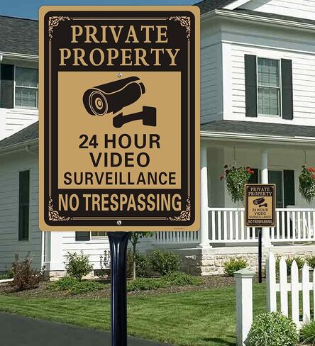 2 Pack Large Private Property No Trespassing Sign - 24 Hours Video Surveillance Warning Sign | 14" x 10" Rust Free Aluminum Easy Mounting Fade Resistance in Kuwait