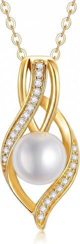 Solid 14K Gold Pearl Necklace for Women Freshwater Cultured Pearl Pendant Necklace with Moissanite Dainty Jewelry Anniversary for Wife, Mom, 16''-18'' in Kuwait