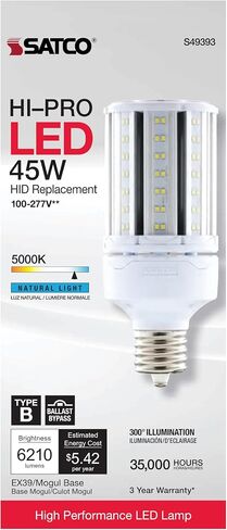 Satco S49393 Hi-Pro 45W LED HID-Replacement Lamp, EX39 Base, White, 1 Count in Kuwait