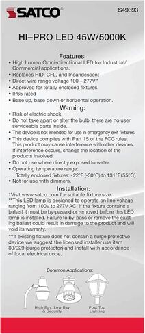 Satco S49393 Hi-Pro 45W LED HID-Replacement Lamp, EX39 Base, White, 1 Count in Kuwait