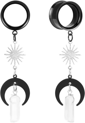 Maxbott 2PCS Moon-Pendant Natural Stone Stainless Steel Dangle Ear Plugs Tunnels Stretcher Piercing Body Jewelry in Kuwait