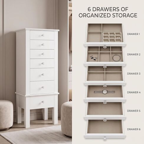 Hives and Honey Hannah Jewelry Armoire - Modern Silver Storage Organizer with Divided Drawers and Necklace Hooks - French-Inspired Design with Jewel-Like Pulls - Anti-Tarnish Felt Lining in Kuwait