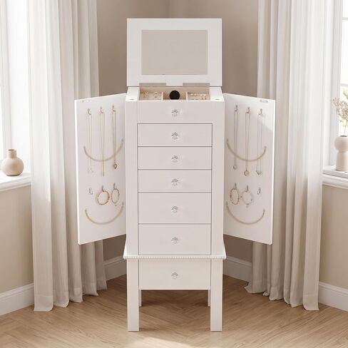 Hives and Honey Hannah Jewelry Armoire - Modern Silver Storage Organizer with Divided Drawers and Necklace Hooks - French-Inspired Design with Jewel-Like Pulls - Anti-Tarnish Felt Lining in Kuwait