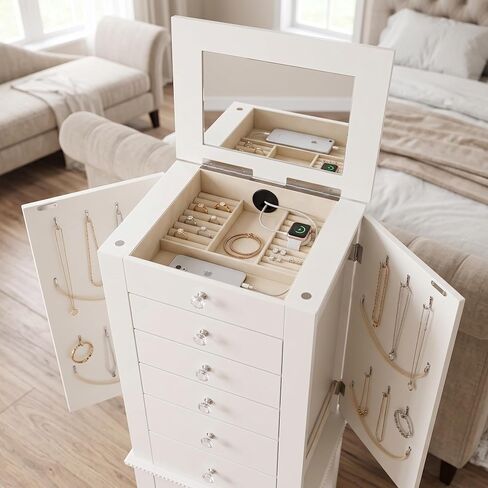 Hives and Honey Hannah Jewelry Armoire - Modern Silver Storage Organizer with Divided Drawers and Necklace Hooks - French-Inspired Design with Jewel-Like Pulls - Anti-Tarnish Felt Lining in Kuwait