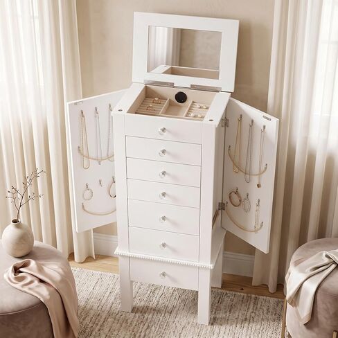 Hives and Honey Hannah Jewelry Armoire - Modern Silver Storage Organizer with Divided Drawers and Necklace Hooks - French-Inspired Design with Jewel-Like Pulls - Anti-Tarnish Felt Lining in Kuwait
