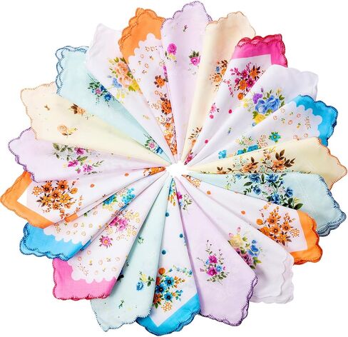 20 Pieces Handkerchiefs for Women Vintage Floral Print Soft Cotton Blend Colorful Embroidered Ladies Handkerchiefs in Kuwait