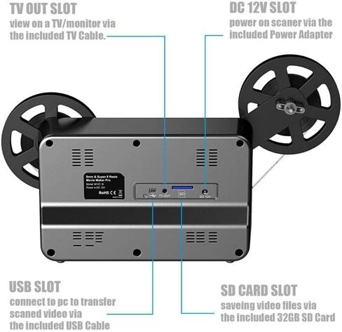 8mm & Super 8 Film to Digital Converter, Film Scanner Digitizer with 2.4" Screen, Convert 3" 5" 7" 9" Reels into 1080P Digital MP4 Files,Sharing & Saving on 32GB SD Card in Kuwait