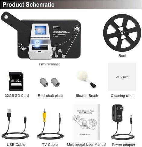 8mm & Super 8 Film to Digital Converter, Film Scanner Digitizer with 2.4" Screen, Convert 3" 5" 7" 9" Reels into 1080P Digital MP4 Files,Sharing & Saving on 32GB SD Card in Kuwait