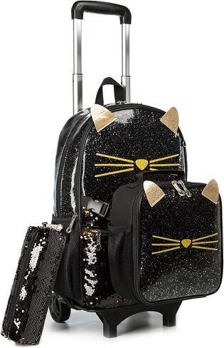 Egchescebo School Bags Kids Rolling Backpack for Girls Kids Luggage Kids Suitcase With Wheels Trolley Wheeled Backpacks for Girls Travel Bags 3PCS Girls Cat Backpack With Lunch for kids Black Bags in Kuwait