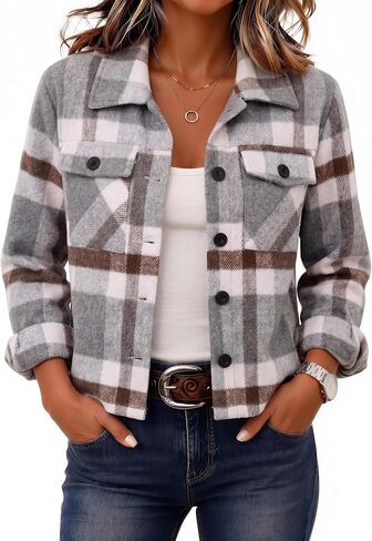 Zeagoo Flannels for Women Cropped Shacket Jacket Fashion Plaid Button Down Shirt 2023 Fall Coat Tops in Kuwait